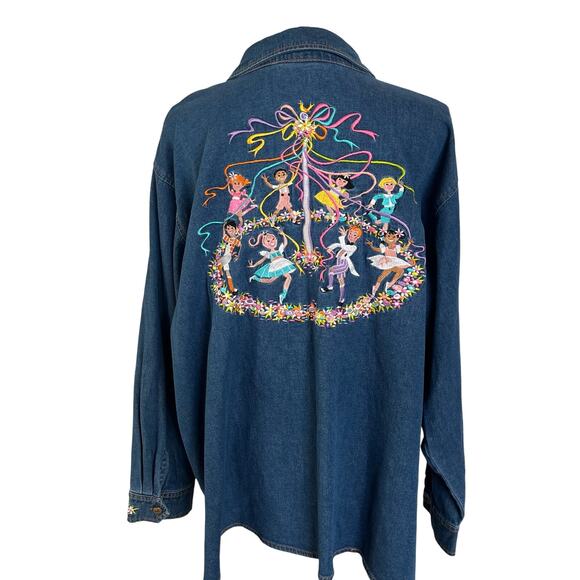 Bob Mackie Wearable Art Denim Shirt Womens 2X Plus Blue Maypole Embroidery Tunic - Picture 4 of 10